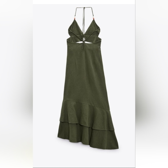 Zara Ruffled Linen Viscose Blend Asymmetric Hem Midi Dress - Picture 3 of 7